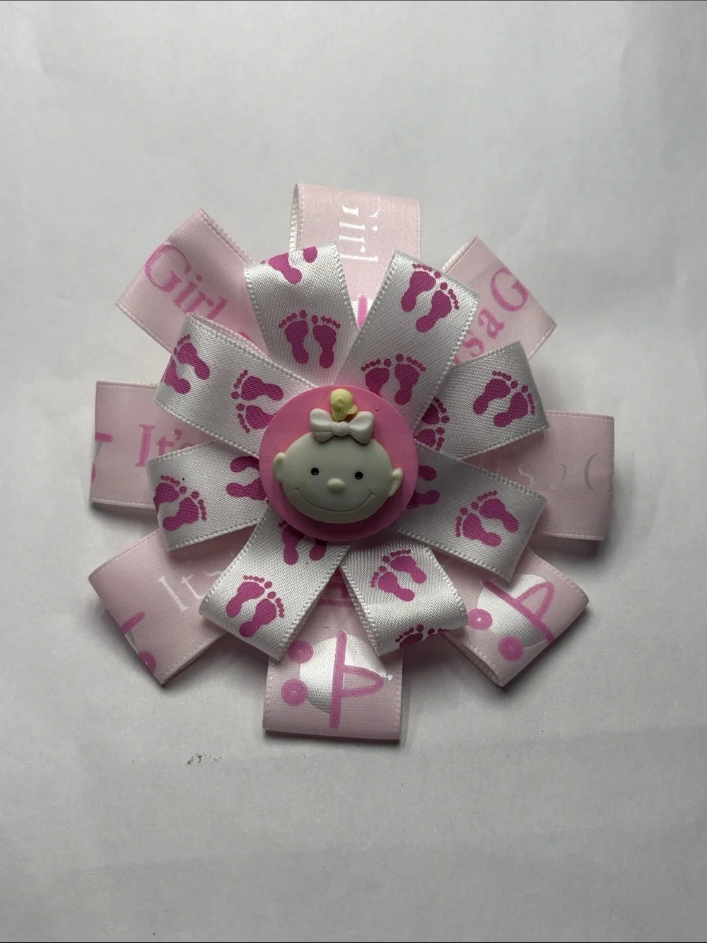 Baby Girl Pink Ribbon Hair Bow with Footprint Design